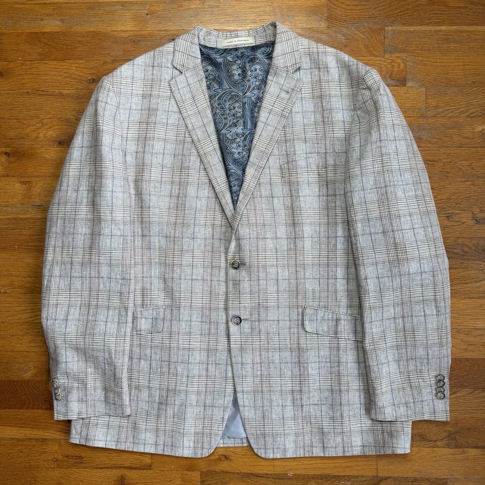 Joseph Abboud 46R Sport Coat Linen Cotton Beige Plaid Two Button Double Vented